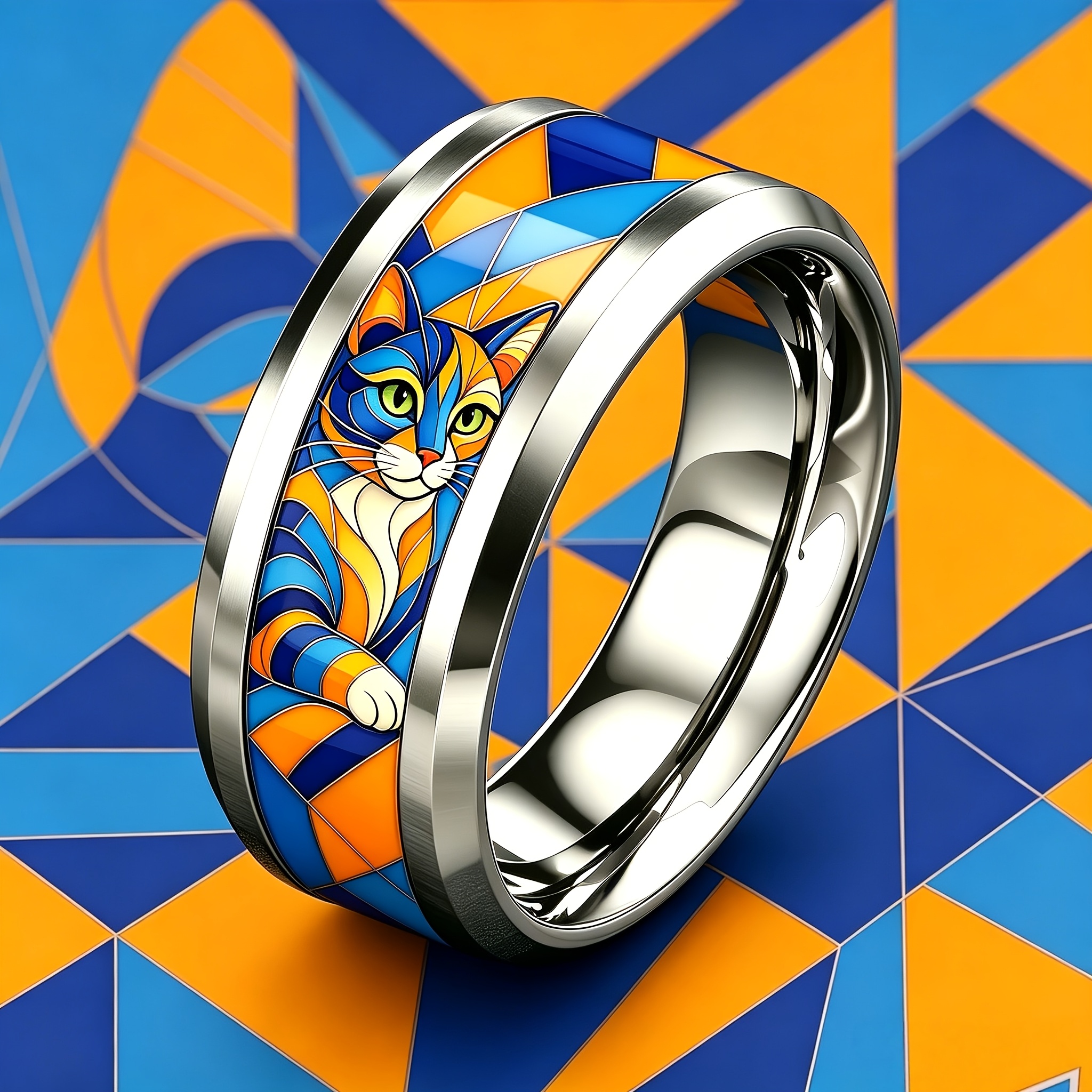Women's Geometric Mosaic Cat Ring in 304 Stainless Steel, Stylish Design